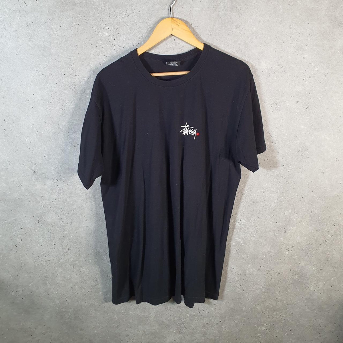 Vintage Stussy Spellout Printed Printed T Shirt Men’s Large Black Graphic Short Sleeve Big Fish Vintage