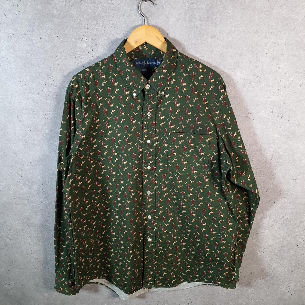 Vintage Ralph Lauren Button Down Shirt Duck Hunting Dog Print Rare Men’s XL Green C8478