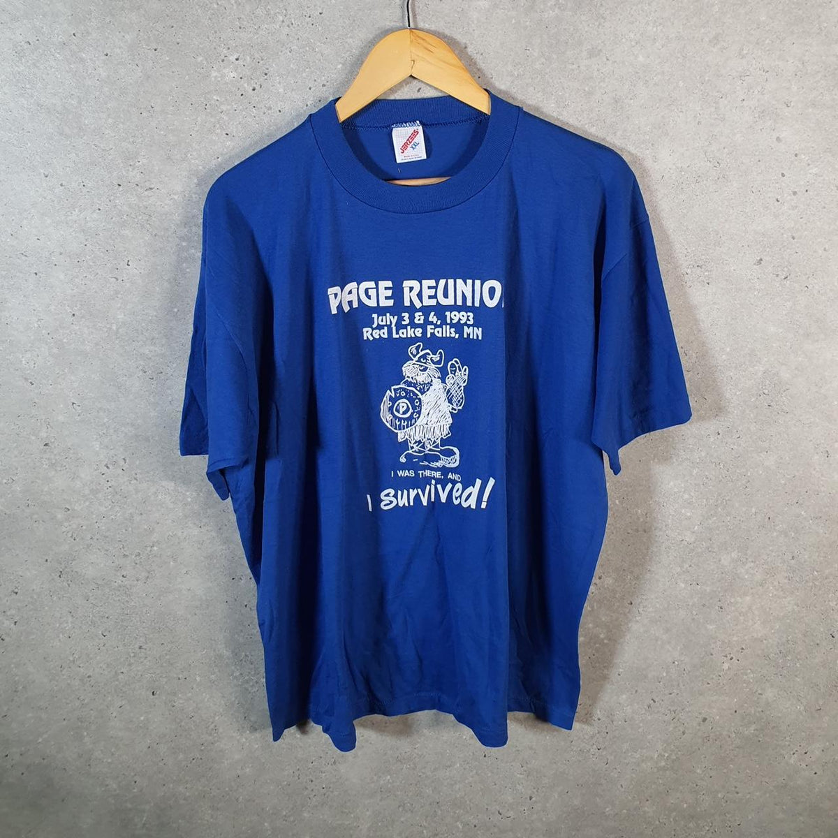 Vintage Jerzees USA 1993 Red Lake Falls Page Reunion Single Stitch T Shirt Men’s 2XL Blue Big Fish Vintage