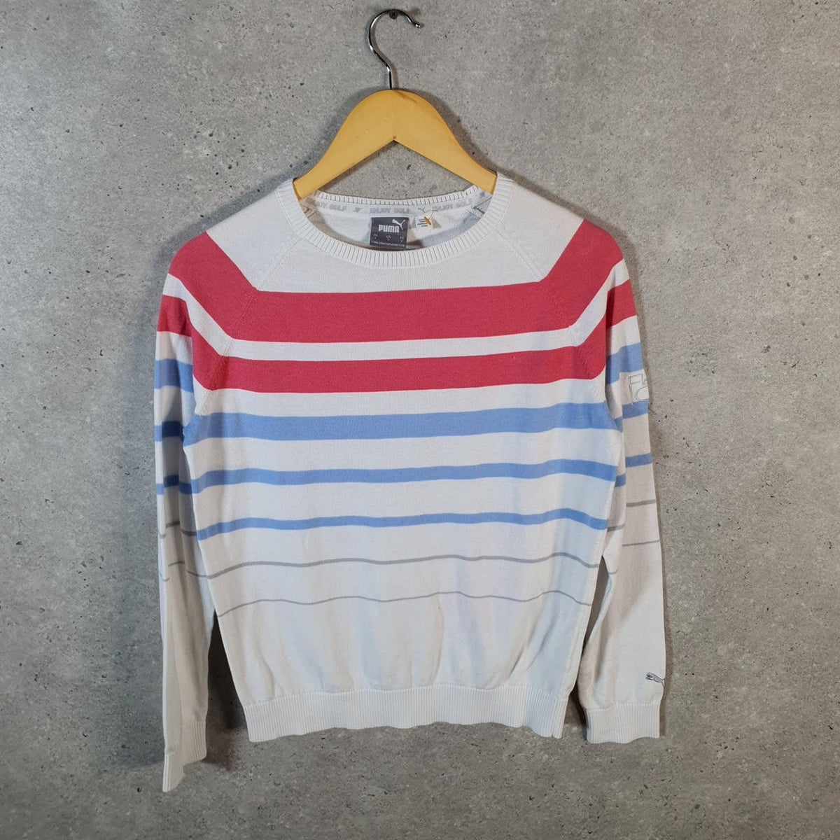 Vintage Puma Knit Sweater Womens Small White Striped Y2K Pullover
