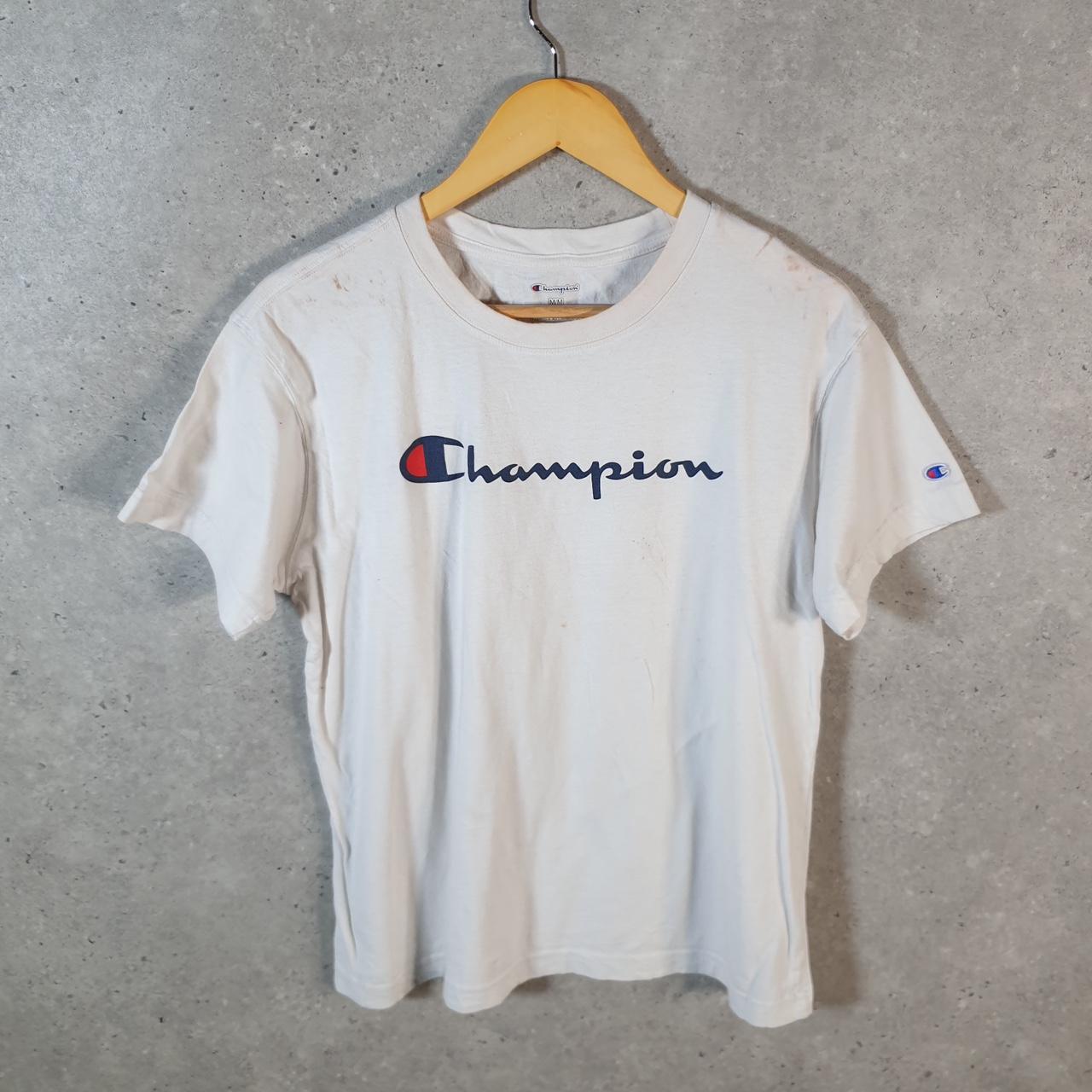 Vintage Champion Spellout Logo T Shirt Mens Medium White USA Athletic