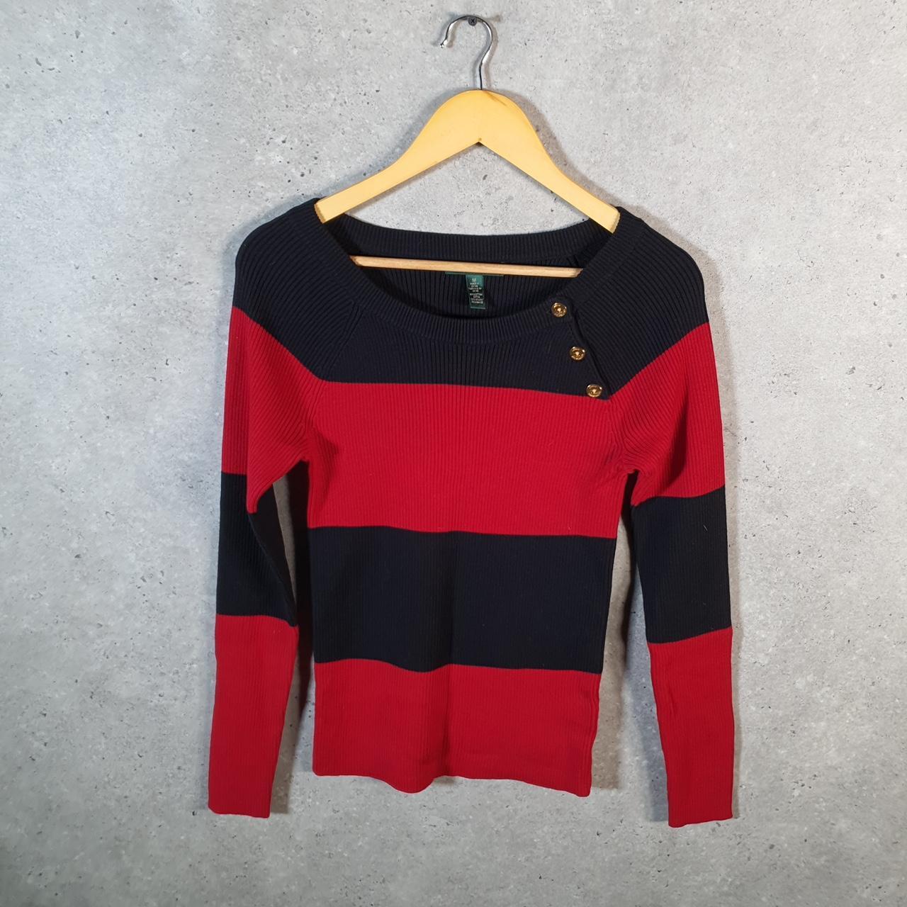 Vintage Ralph Lauren Polo Knit Sweater Womens Medium Red Striped Cotton Pullover