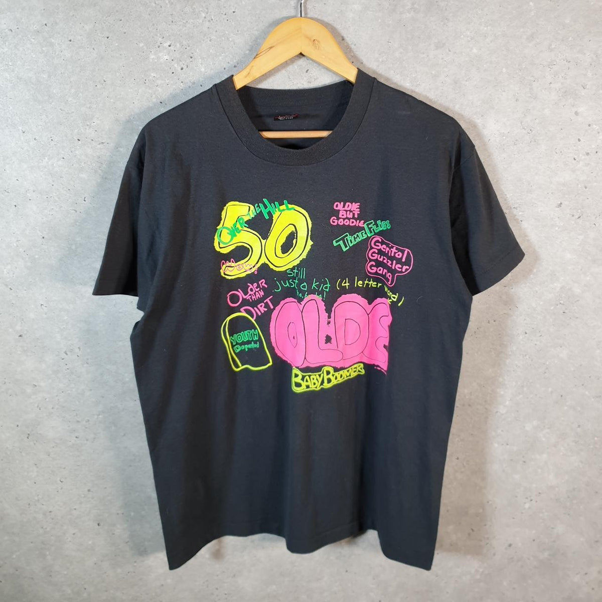 Vintage Fruit of the Loom Baby Boomer 90s Single Stitch T Shirt Men’s Large Black C8122