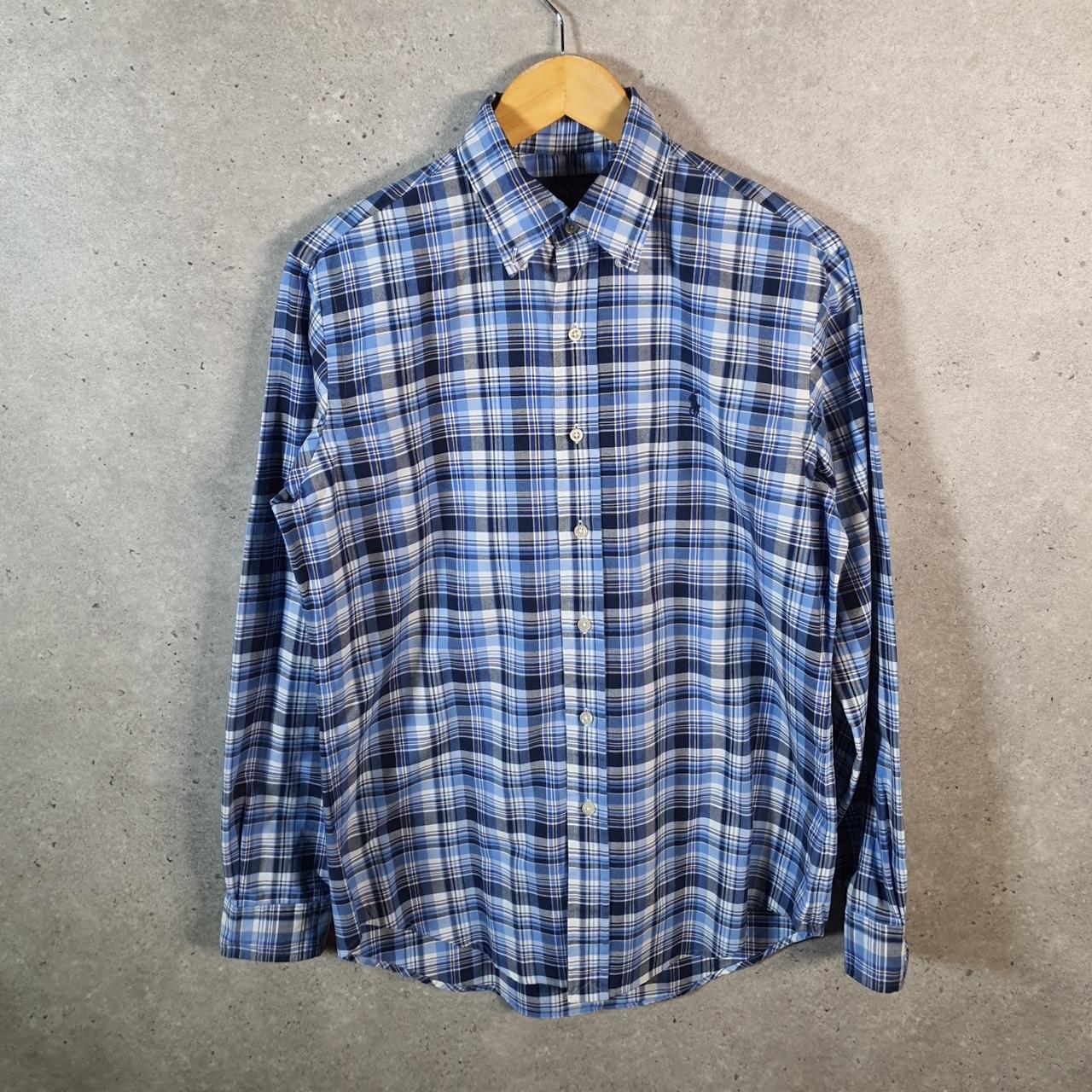 Vintage Ralph Lauren Button Down Shirt Men’s Small Blue Checkered Classic Fit Cotton Pony Big Fish Vintage