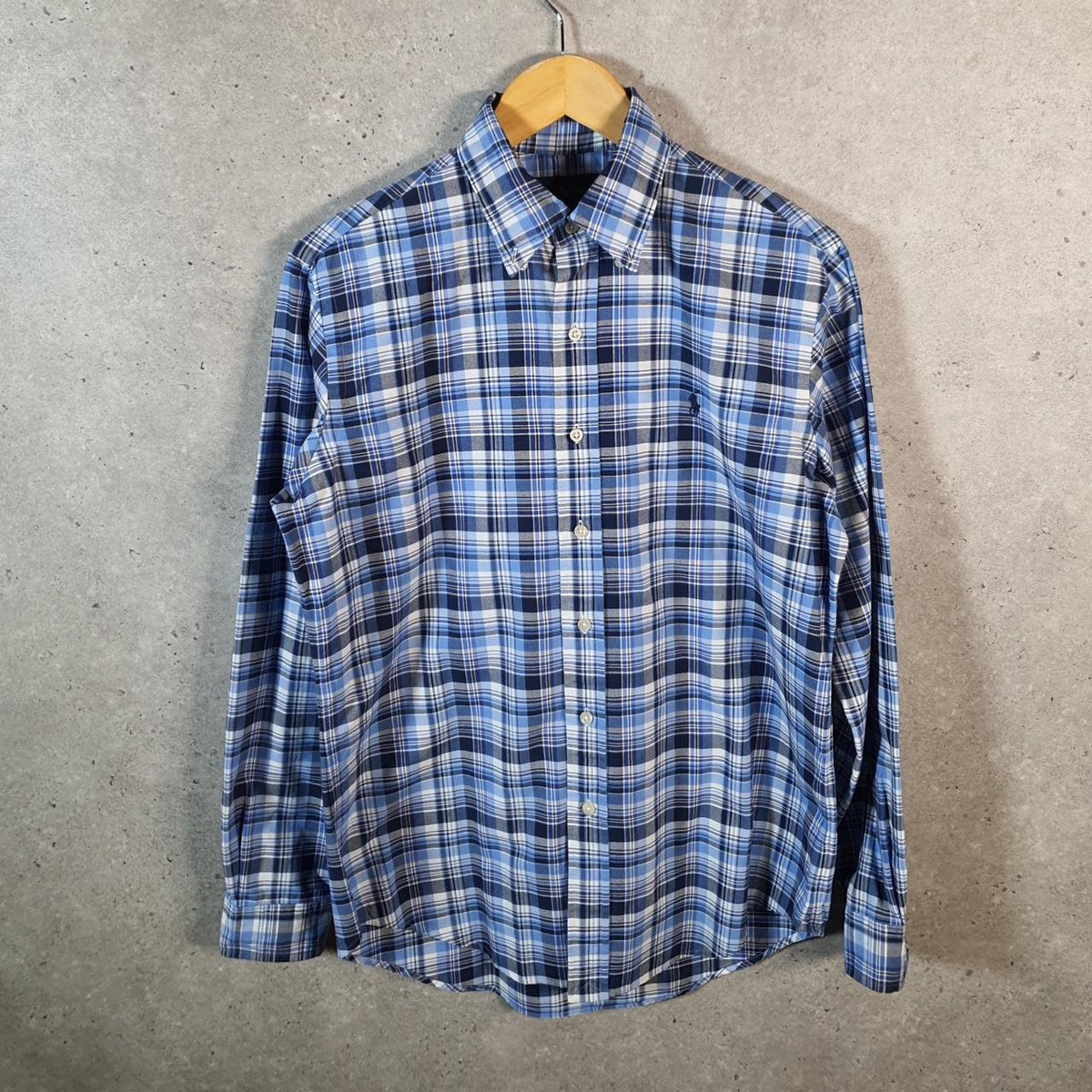 Vintage Ralph Lauren Button Down Shirt Men’s Small Blue Checkered Classic Fit Cotton Pony Big Fish Vintage