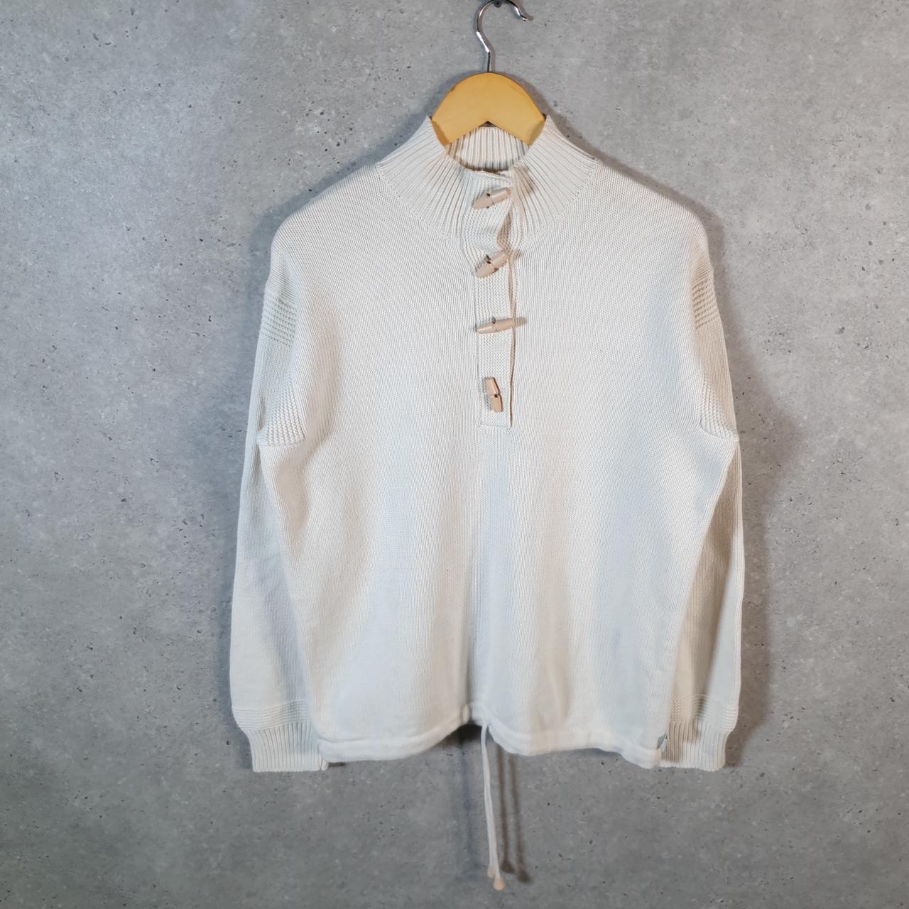 Vintage Ralph Lauren Polo Knit Sweater Womens Large Cream Striped 1/4 Button Cotton Pullover