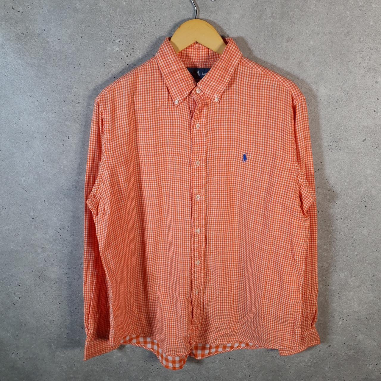 Vintage Ralph Lauren Button Down Shirt Men’s Large Orange Checkered Custom Fit Pony