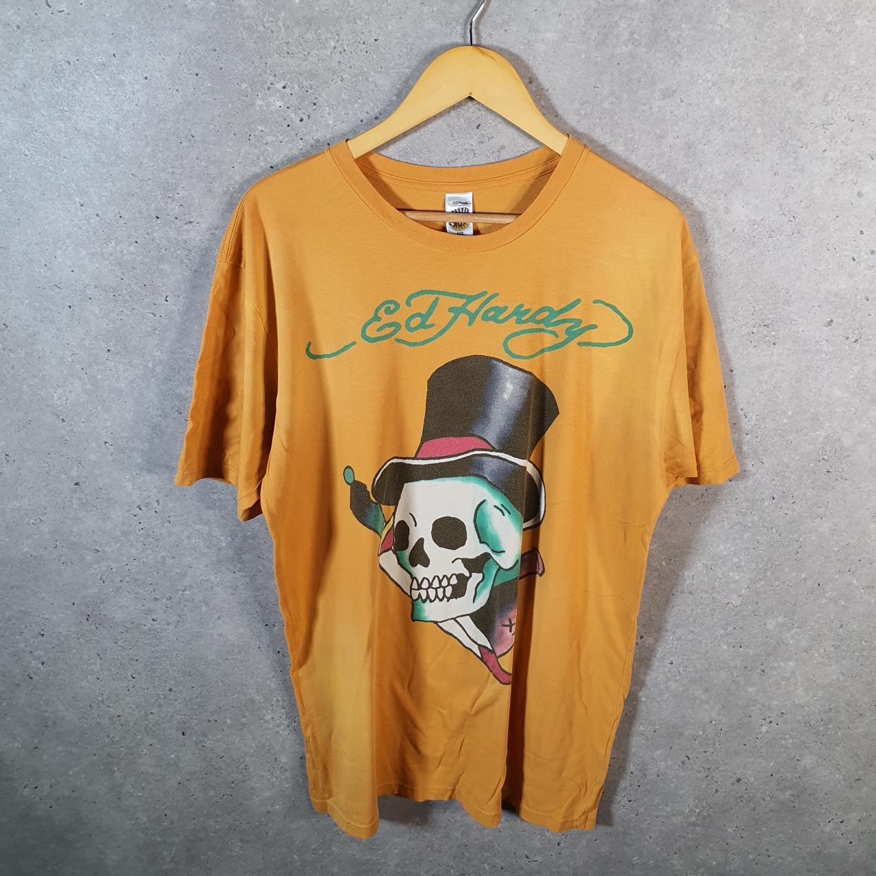Vintage Ed Hardy T Shirt Men’s Large Yellow Christian Audigier Love Heart Graphic Skull Y2K