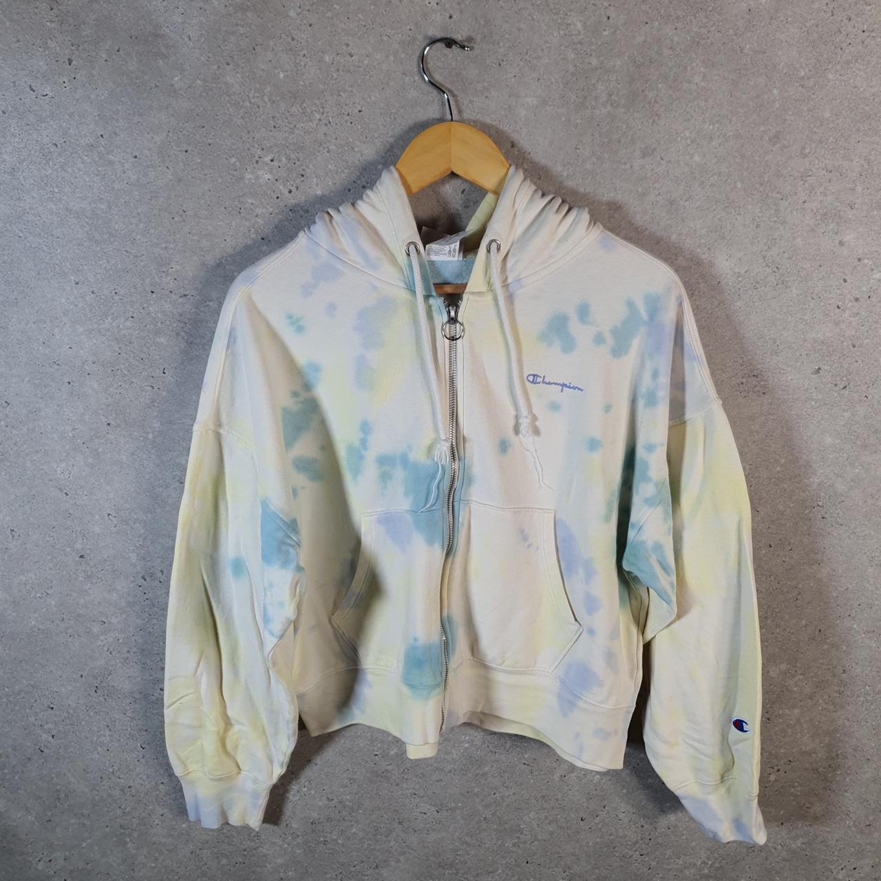Vintage Champion Hoodie Womens Small Grey Tie Dye USA Full Zip Spellout Logo