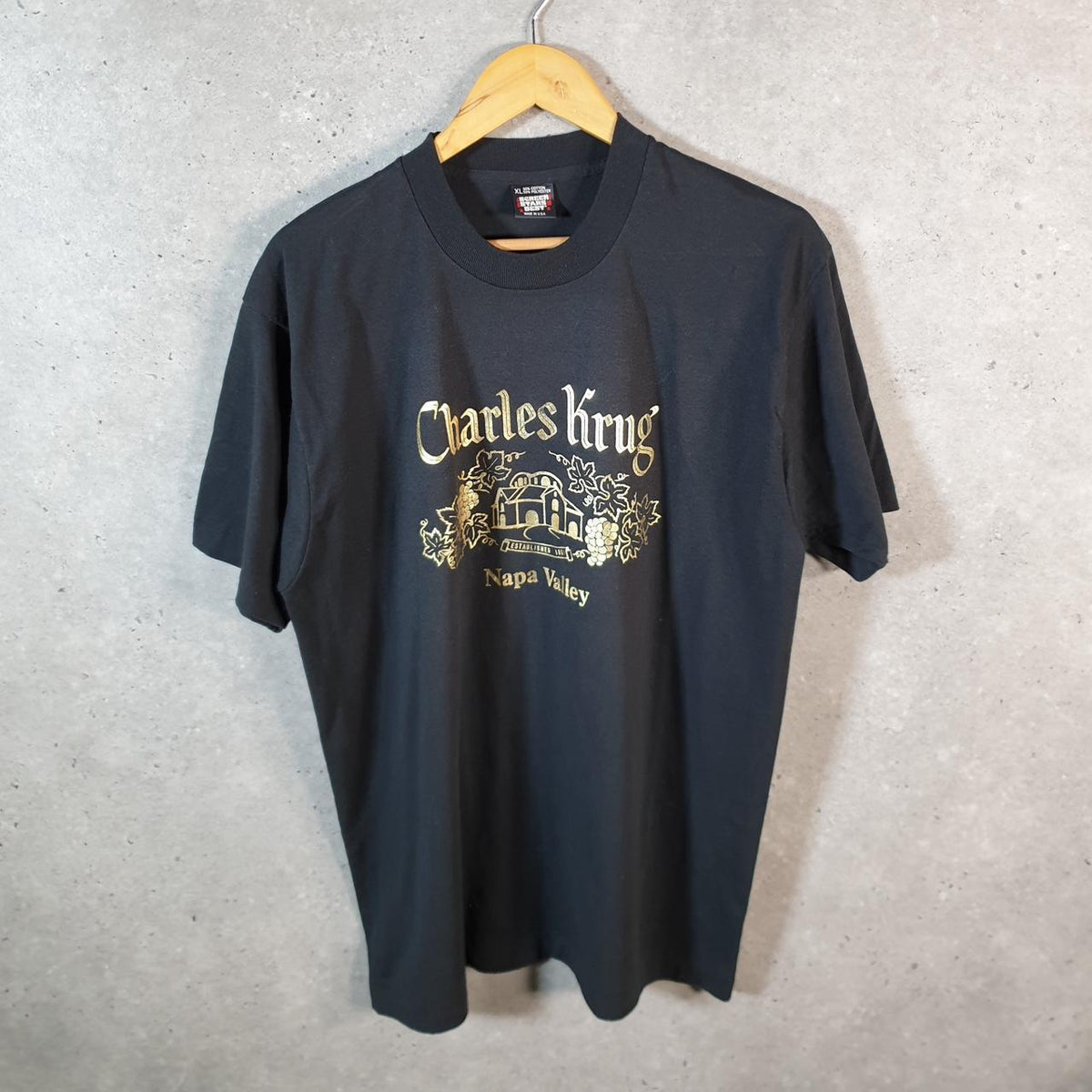 Vintage Screen Stars Charles Krug Napa Valley 90s USA Single Stitch T Shirt Men’s XL Black C8008