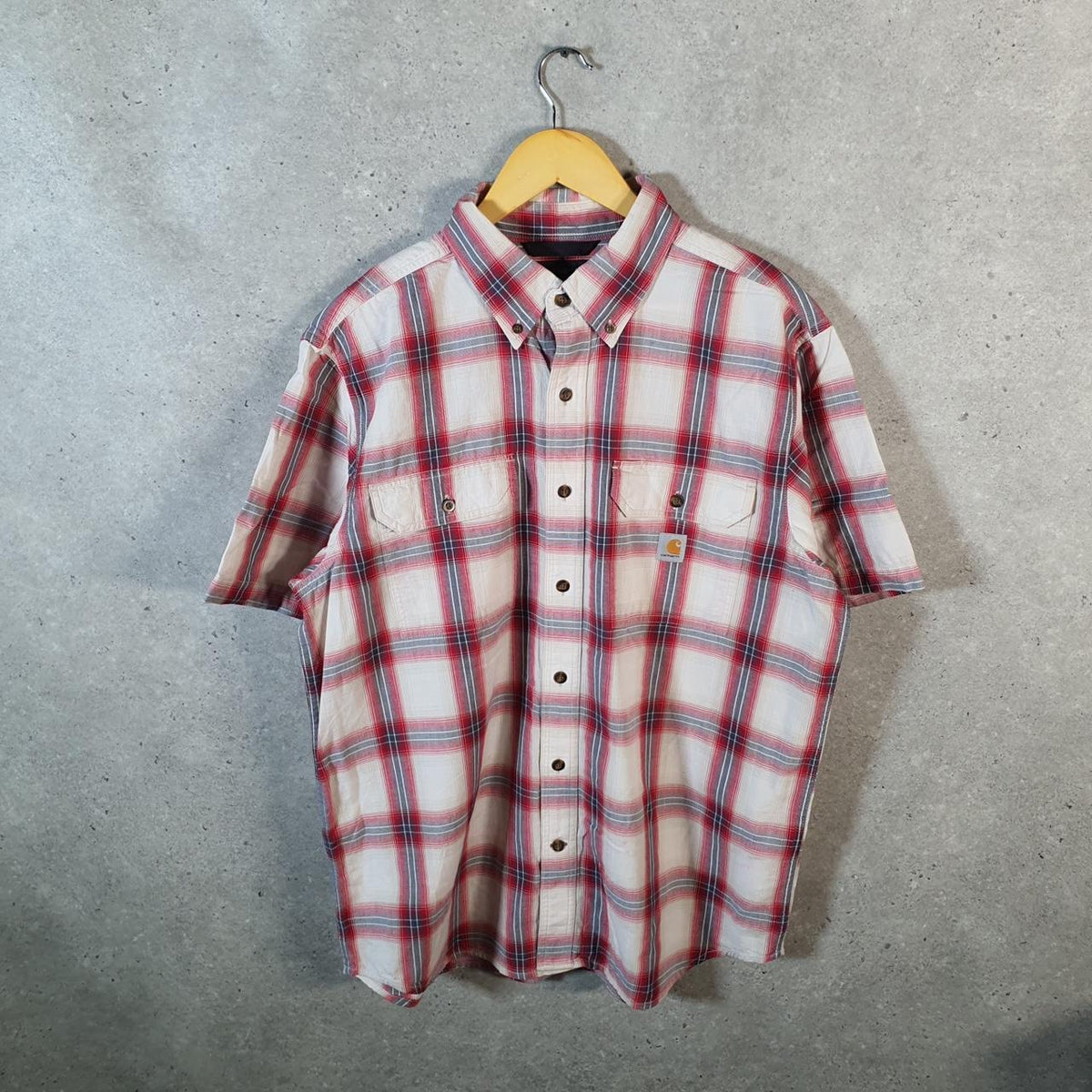 Vintage Carhartt Shirt Button Down Mens Large Red Checkered Short Sleeve Utility Loose