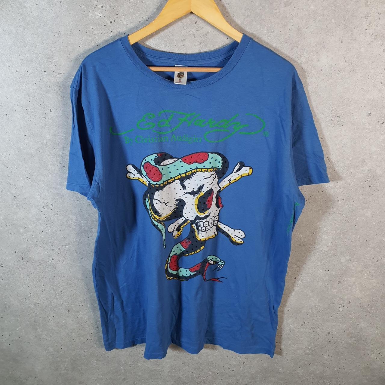 Vintage Ed Hardy T Shirt Men’s XL Blue Christian Audigier Love Heart Graphic Skull Y2K