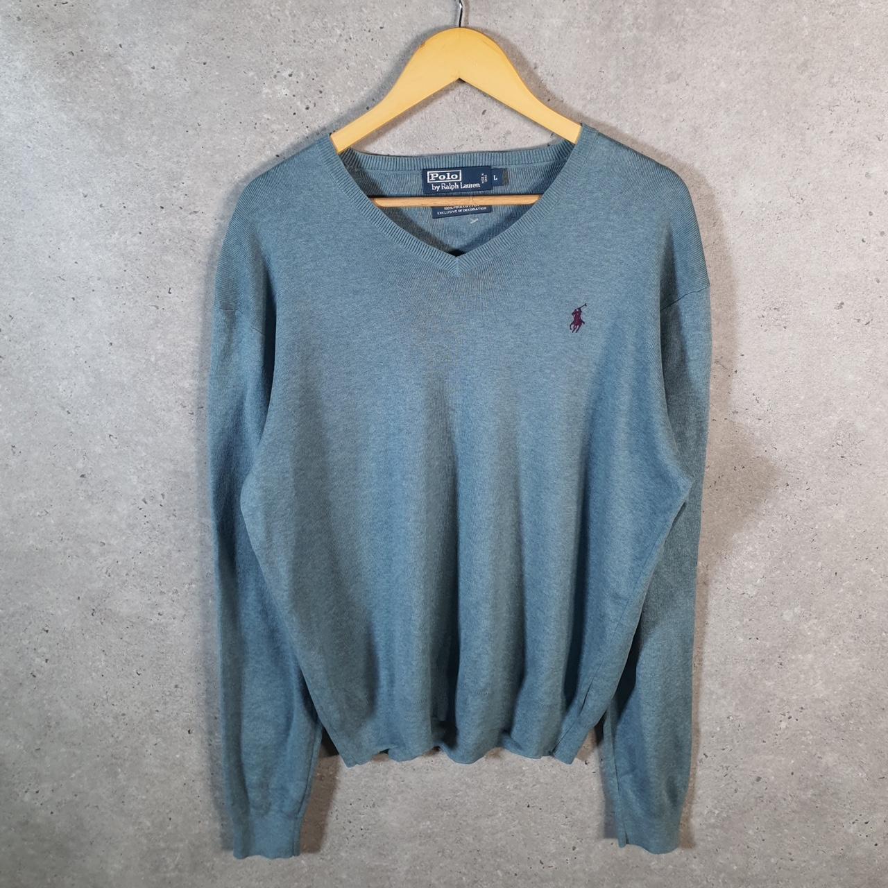 Vintage Ralph Lauren Polo V Neck Sweatshirt Men’s Large Blue Cotton Pullover Pony