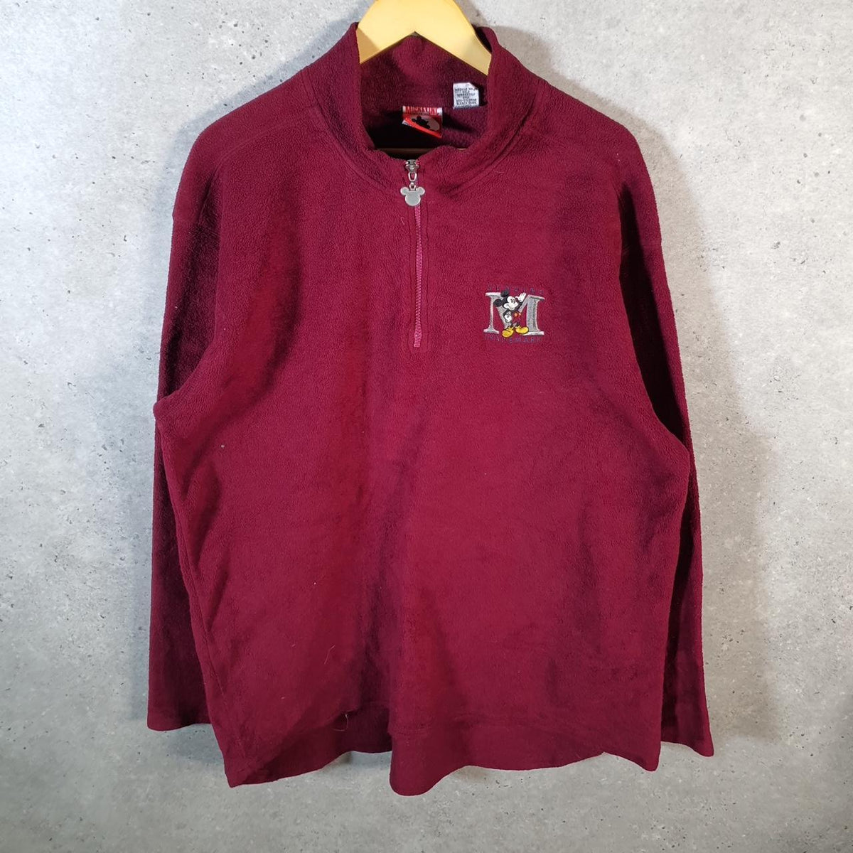 Vintage Disney Mickey Mouse 1/4 Zip Fleece Sweatshirt Mens XXL Red Spellout Logo Winter