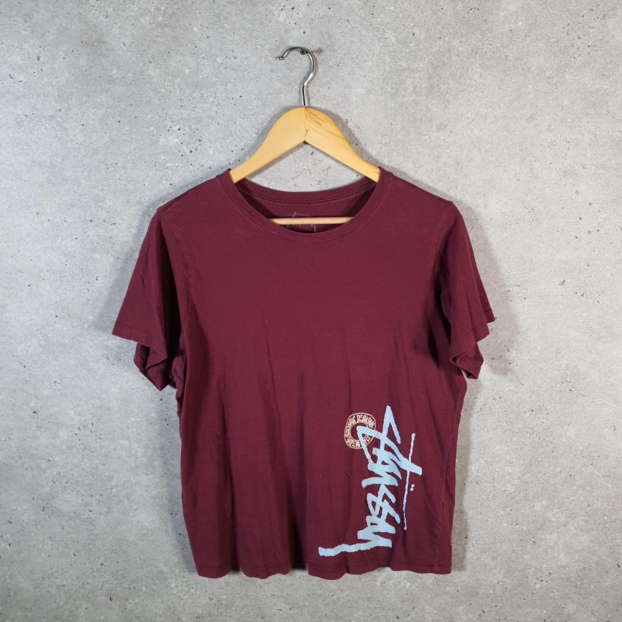 Vintage Stussy Spellout Printed Printed T Shirt Men’s Small Burgundy Red Graphic Short Sleeve Big Fish Vintage