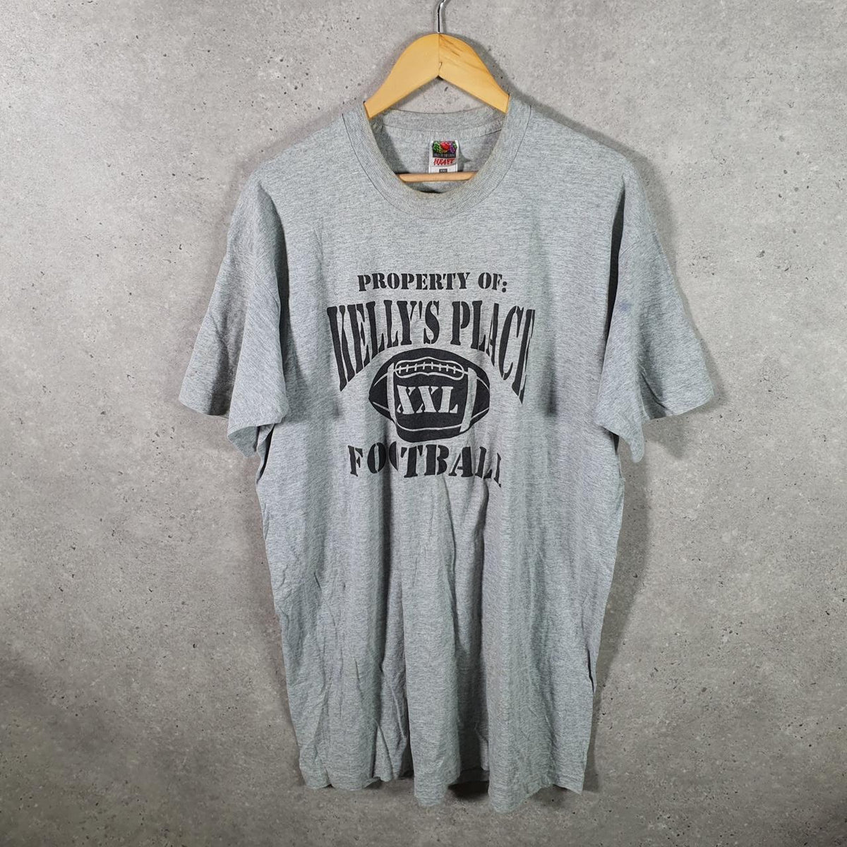 Vintage Fruit of the Loom Kellys Place Football Single Stitch T Shirt Men’s 2XL Grey Big Fish Vintage