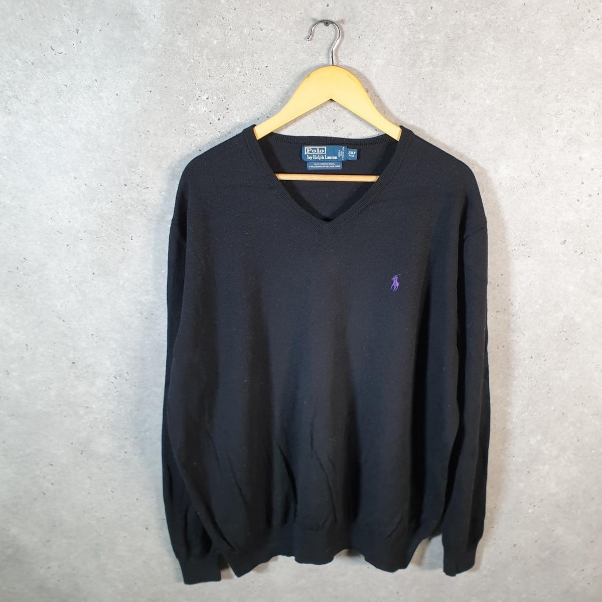 Vintage Ralph Lauren Polo Merino Wool Sweatshirt Men’s 2XL Black Cotton Pullover Pony