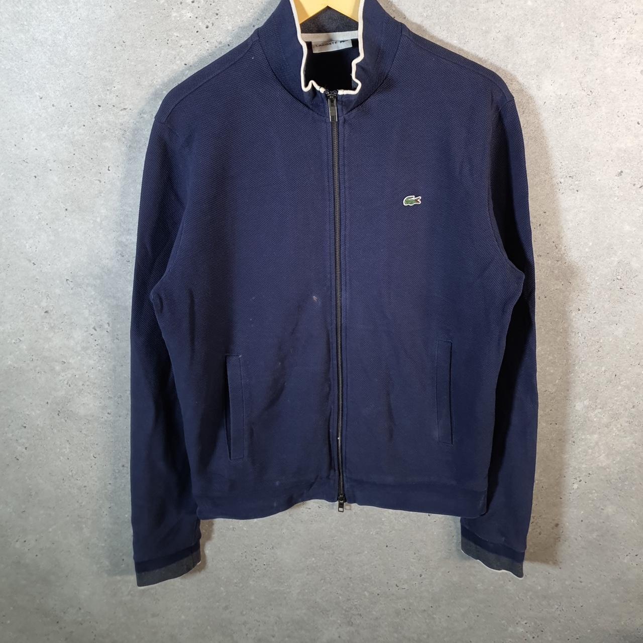 Vintage Lacoste Knit Sweater Mens Medium Navy Blue Full Zip Y2K Jumper Logo