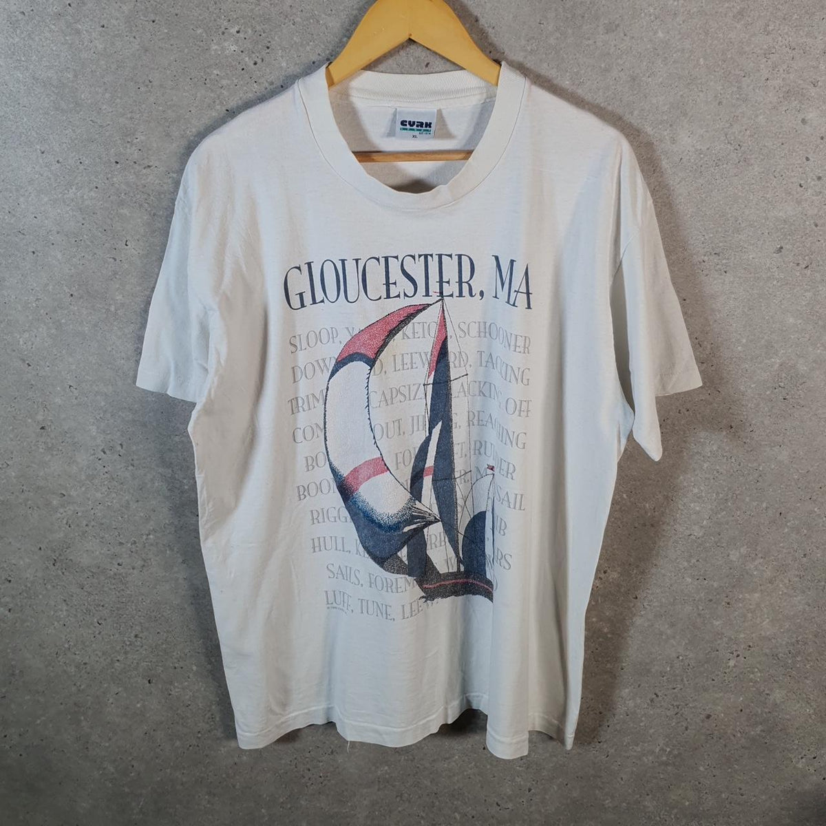 Vintage Curk Gloucester MA Sailing Ship Graphic 90s USA Single Stitch T Shirt Men’s XL White
