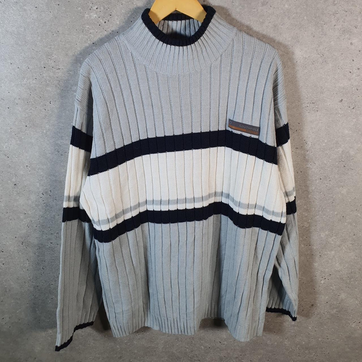 Vintage SouthPole Y2K Spellout Knit Sweater Jumper Mens Large Grey Striped Pullover Hip Hop