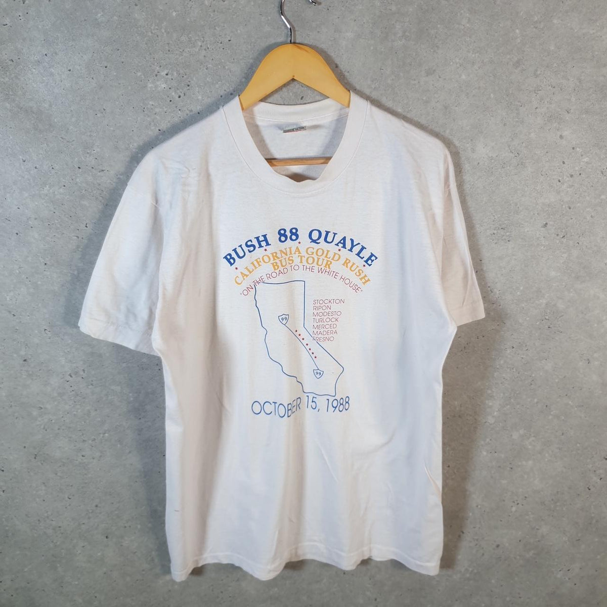Vintage Fruit Of The Loom 1988 Bush Quayle California Gold Rush USA Single Stitch T Shirt Men’s Large White