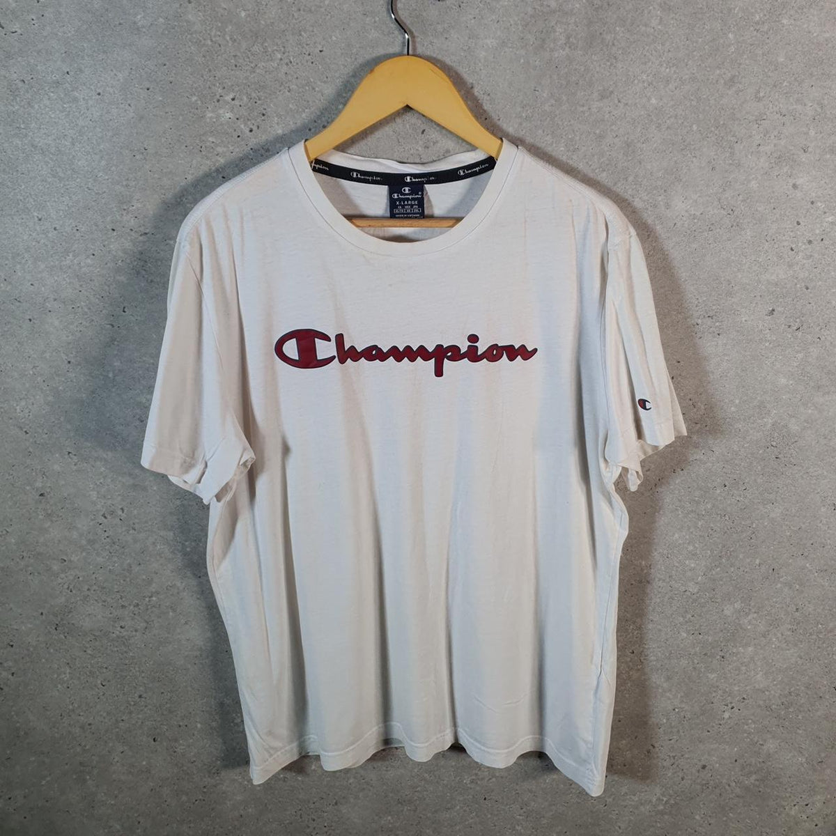 Vintage Champion Spellout T Shirt Men’s XL White Casual USA Athletic