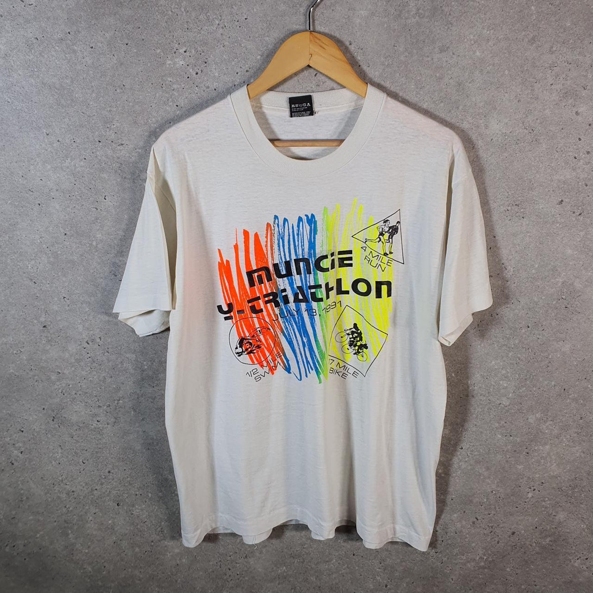 Vintage Screen Stars Best 1991 Muncie Triathlon USA Single Stitch T Shirt Men’s XL White Big Fish Vintage