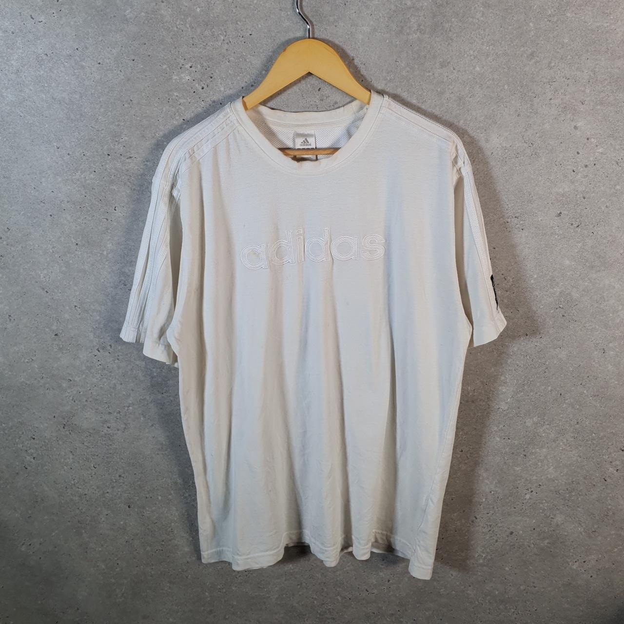 Vintage Adidas Spellout Embroidered T Shirt Men’s Large White Three Stripes Logo