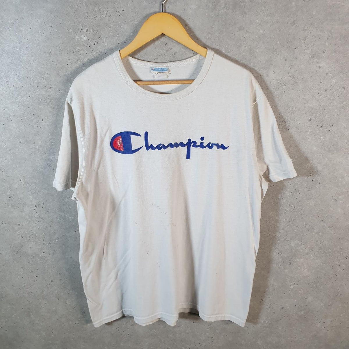 Vintage Champion Embroidered Spellout T Shirt Men’s XL White American USA Athletic