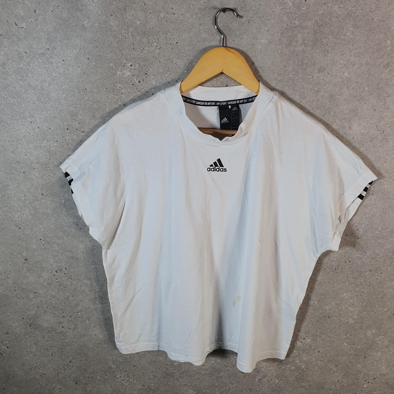 Vintage Adidas Spellout T Shirt Womens Large White Three Stripes Logo Athletic