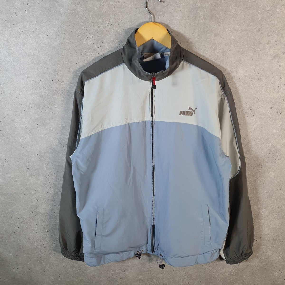 Vintage Puma Windbreaker Track Jacket Mens Small Blue USA Embroidered Logo Full Zip