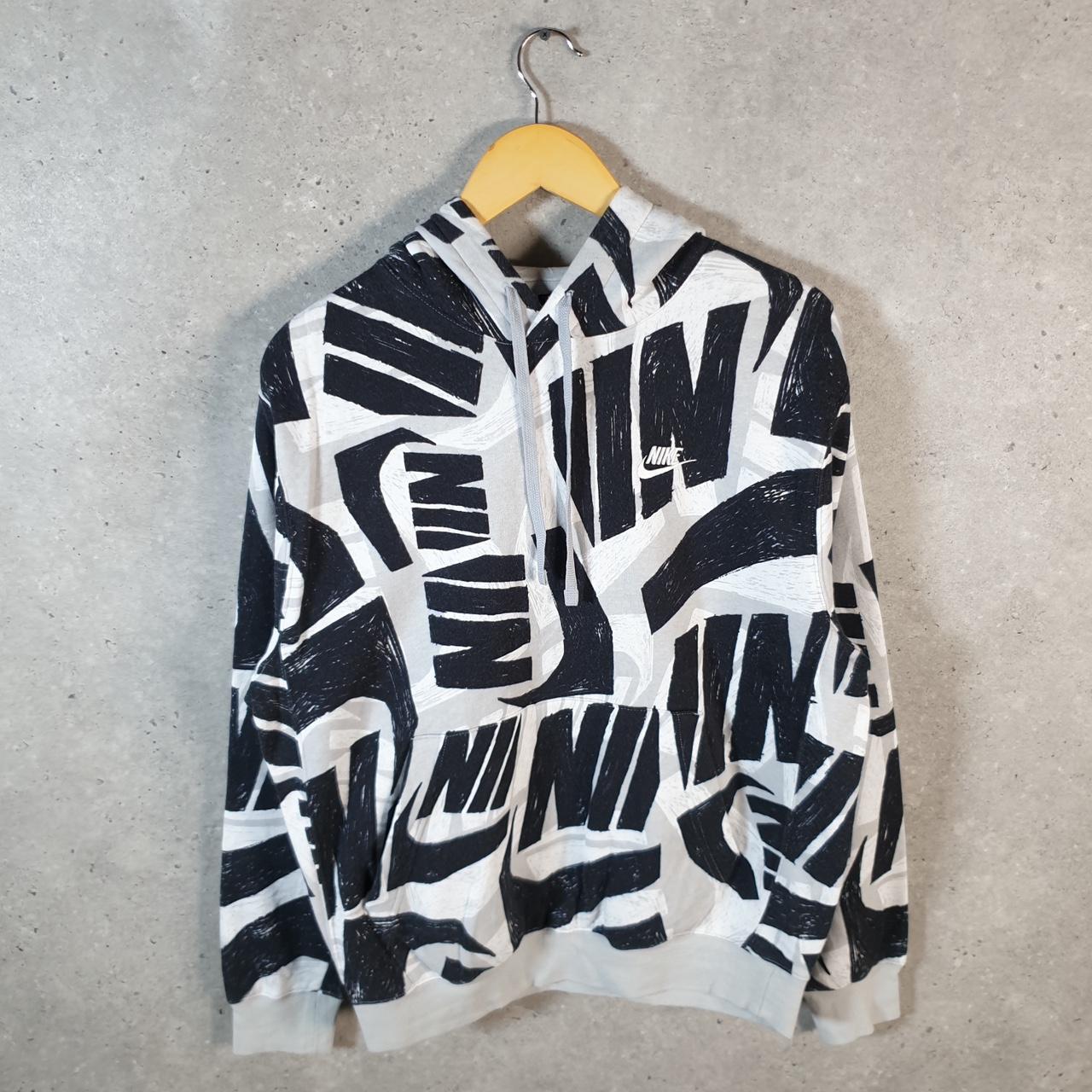 Vintage Nike Club All Over Print AOP Hoodie Men’s Small Black Swoosh Y2K Pullover