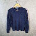 Vintage Ralph Lauren Polo Cable Knit Heavyweight Sweatshirt Womens XL Blue Pony C8868
