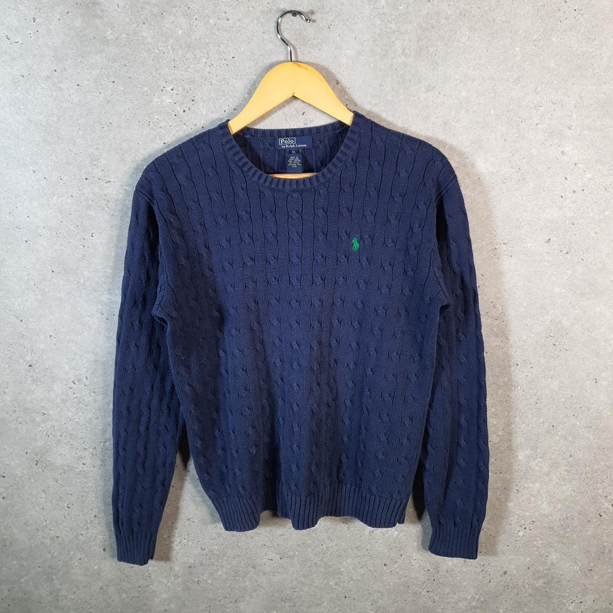 Vintage Ralph Lauren Polo Cable Knit Heavyweight Sweatshirt Womens XL Blue Pony C8868