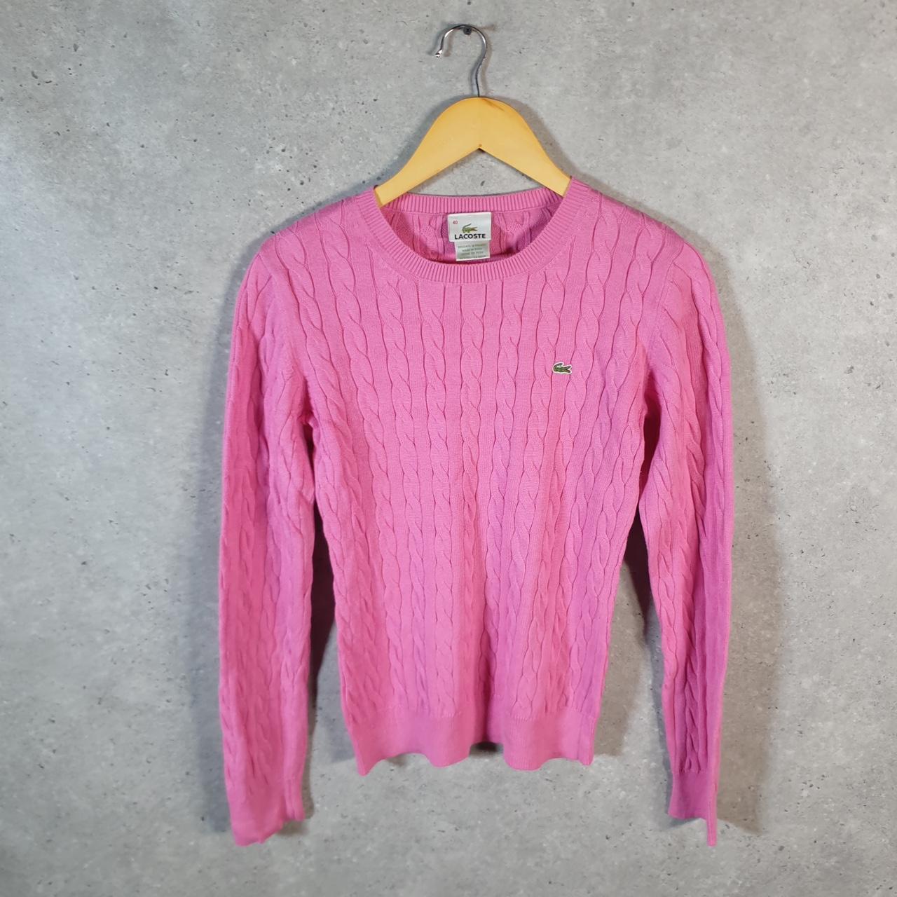 Vintage Lacoste Sweatshirt Cable Knit Womens Small Pink Pullover Logo Y2K Jumper