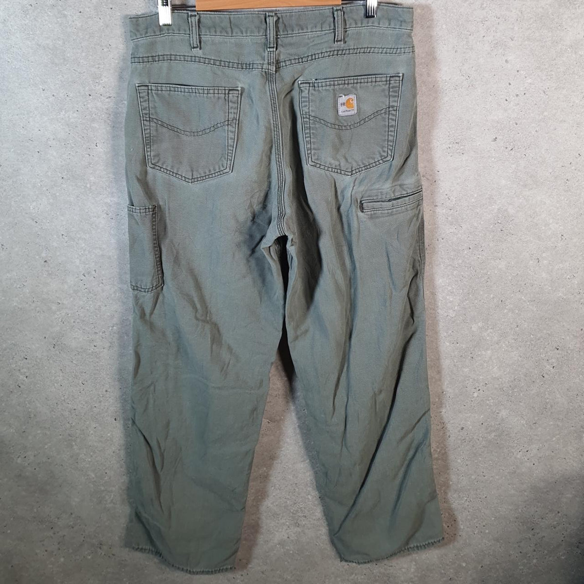 Vintage Carhartt Carpenter FR Trousers Mens W36 L32 Khaki Green Relaxed Fit Workwear USA