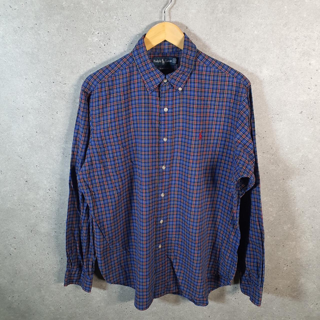 Vintage Ralph Lauren Button Down Shirt Men’s Large Blue Checkered Classic Fit Cotton Pony Big Fish Vintage