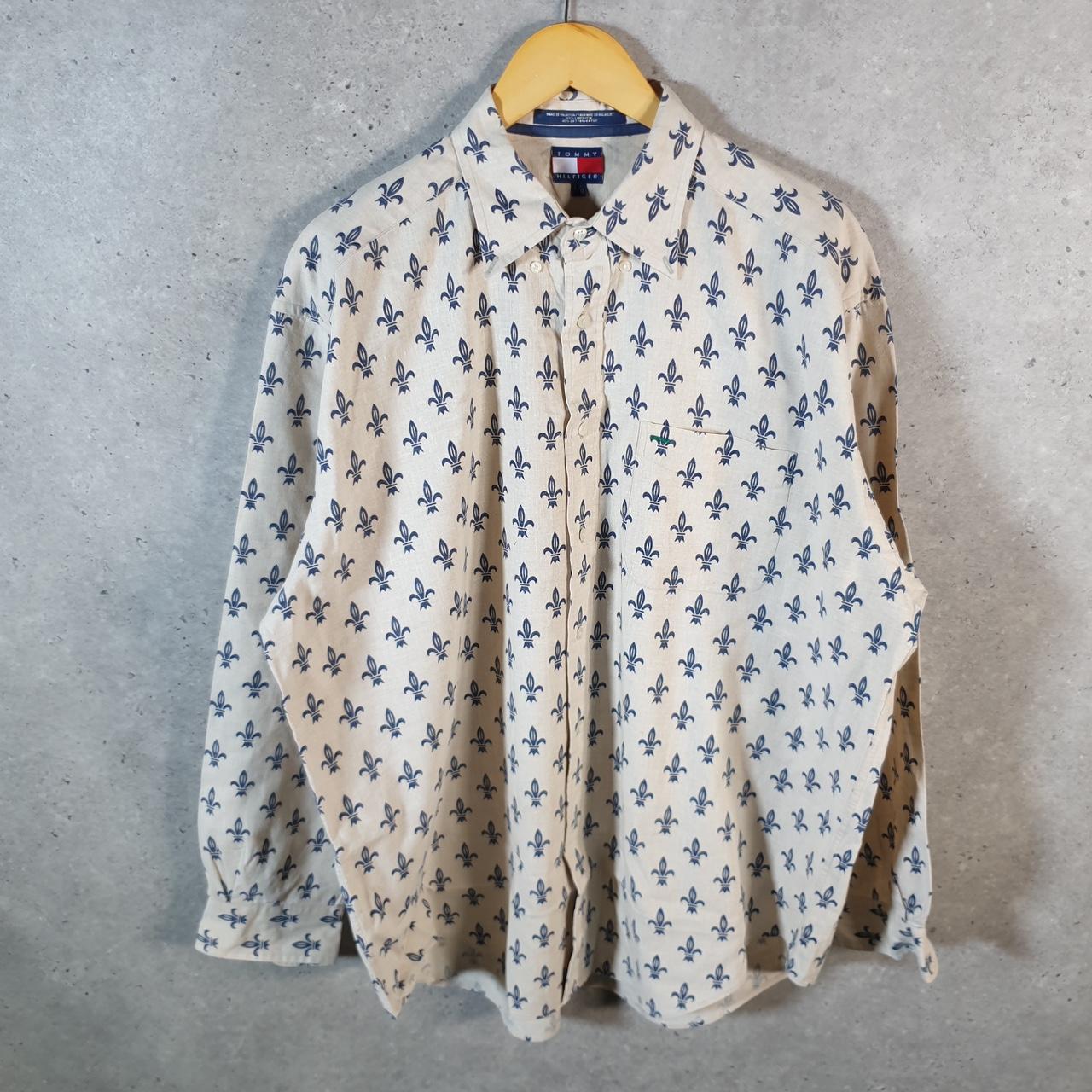 Vintage Tommy Hilfiger All over Print AOP Shirt Men’s Large Brown Cotton Custom Fit