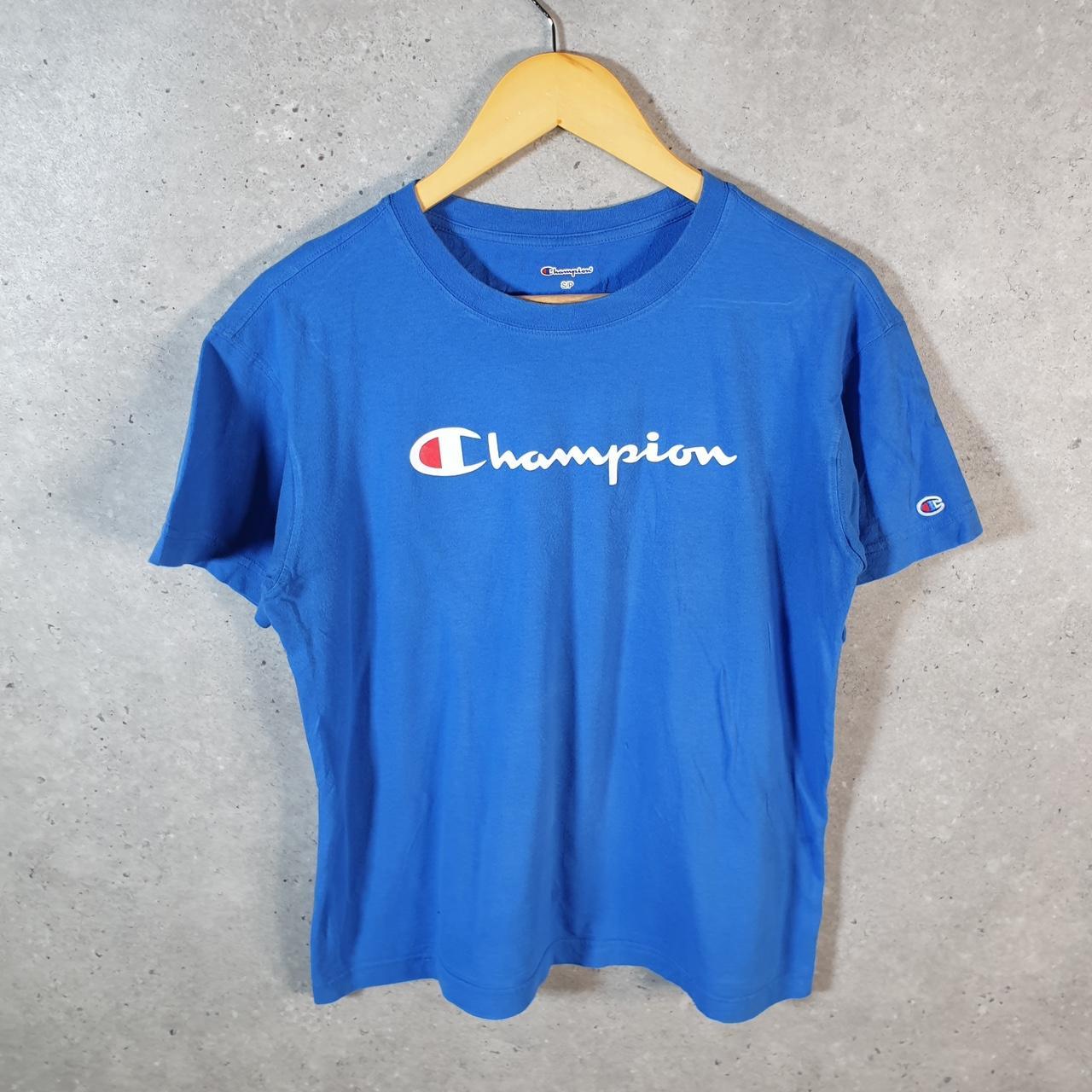 Vintage Champion Spellout Logo T Shirt Mens Small Blue USA Athletic
