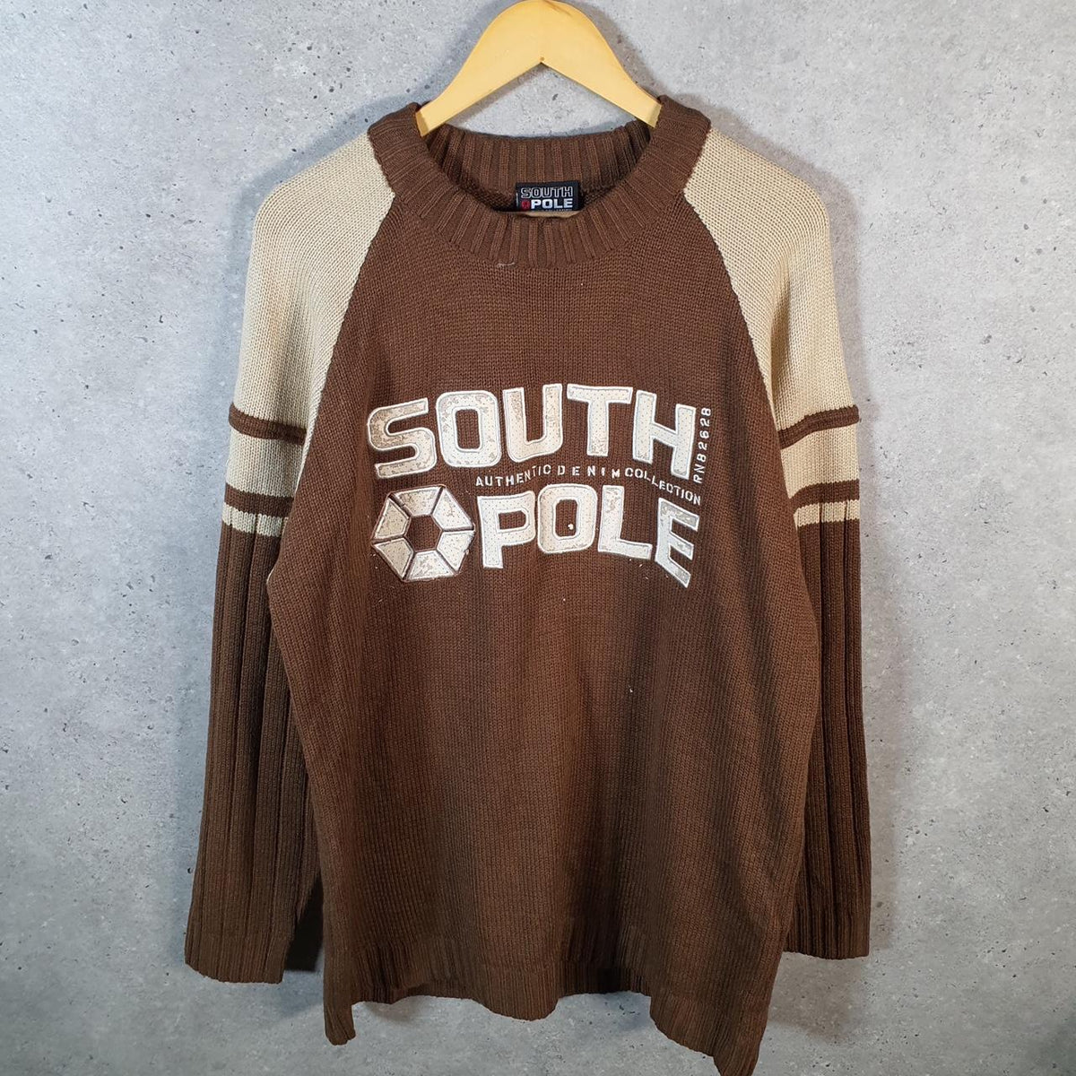 Vintage SouthPole Y2K Spellout Knit Sweater Jumper Mens Large Brown Pullover Hip Hop