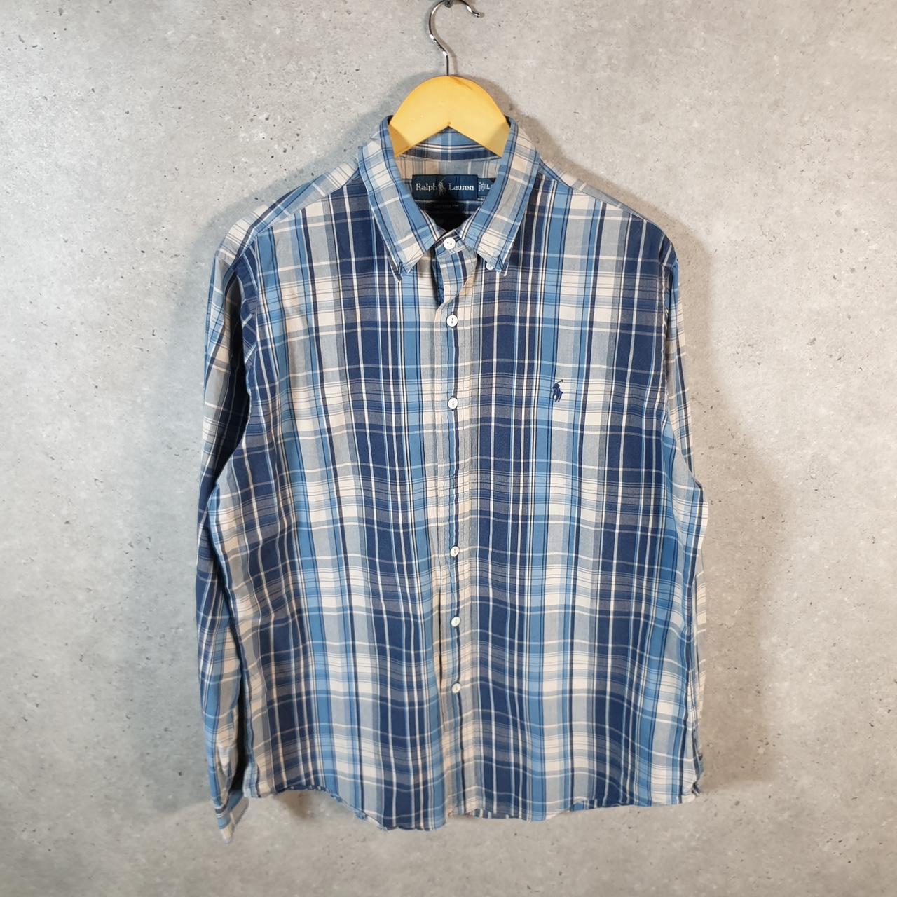 Vintage Ralph Lauren Button Down Shirt Men’s Large Blue Checkered Custom Fit Cotton Pony