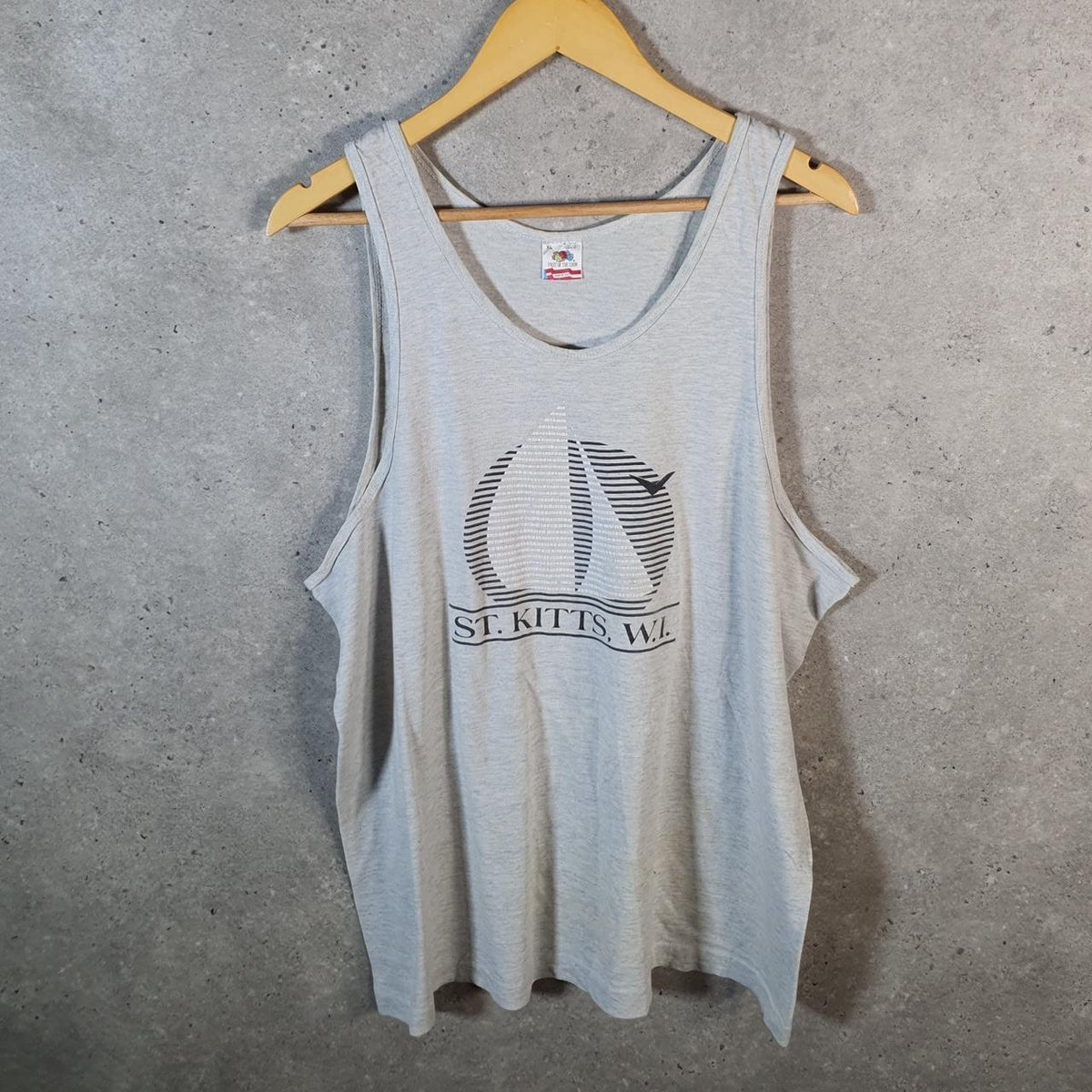 Vintage Fruit Of the Loom St Kitts Sailing Surfind 90s USA Single Stitch Vest Men’s XL Grey Long