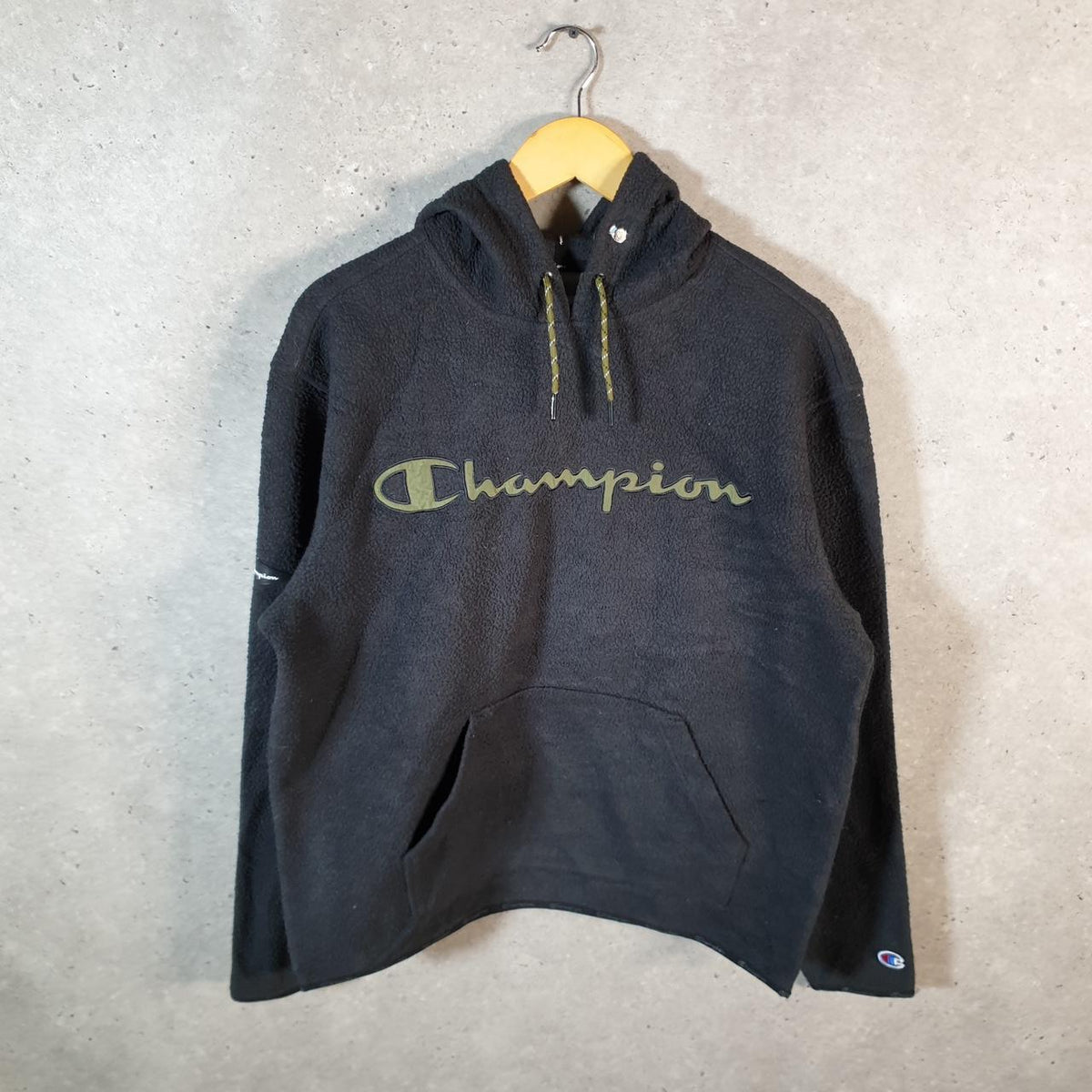 Vintage Champion Fleece Hoodie Men’s Medium Black Sport Pullover Spellout Logo