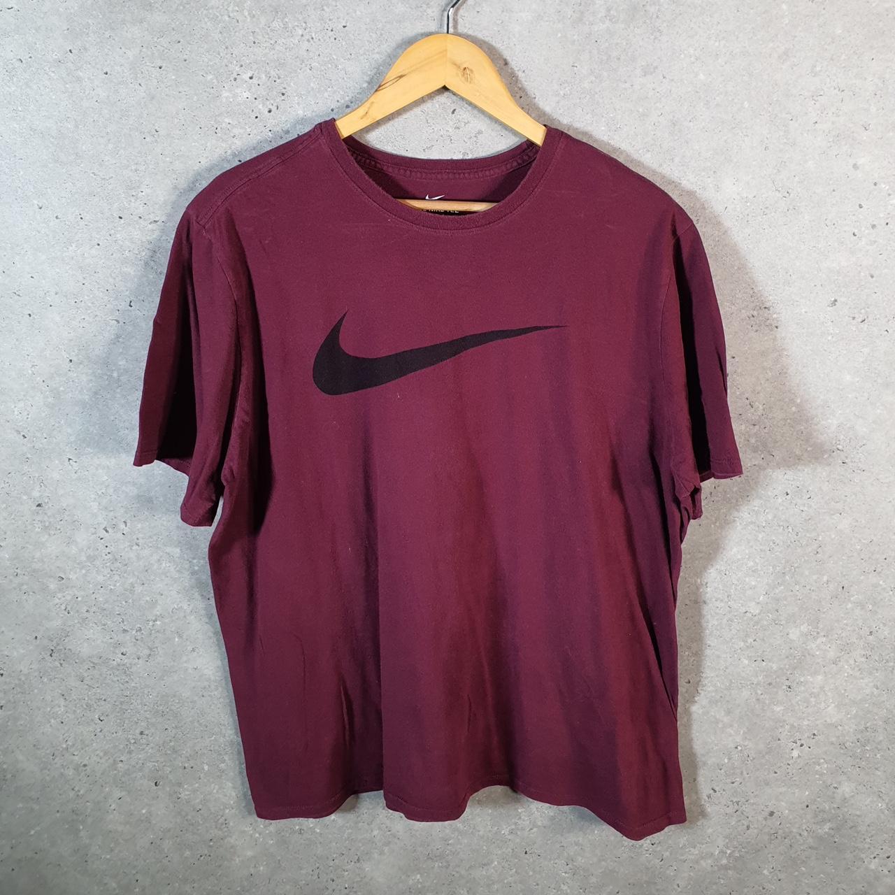 Vintage Nike Spellout T Shirt Men’s XL Burgundy Red Printed Single Swoosh Logo Athletic Big Fish Vintage