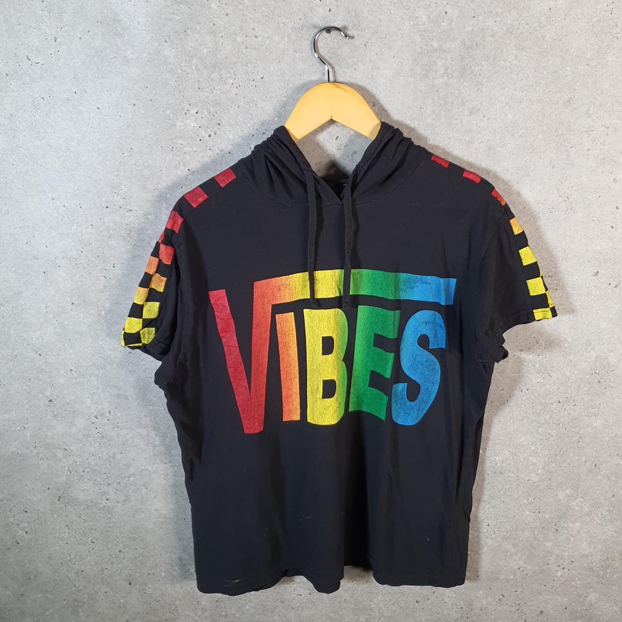 Vintage On Fire Vibes Spellout Hooded T Shirt Womens XL Black Casual sports Logo Athletic