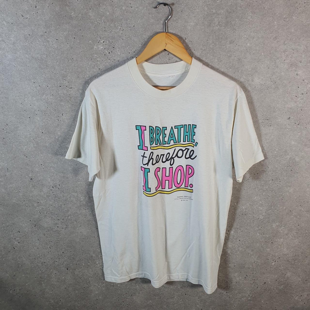 Vintage Hallmark Shoe Box Greetings Graphic USA Single Stitch T Shirt Men’s Medium White Big Fish Vintage