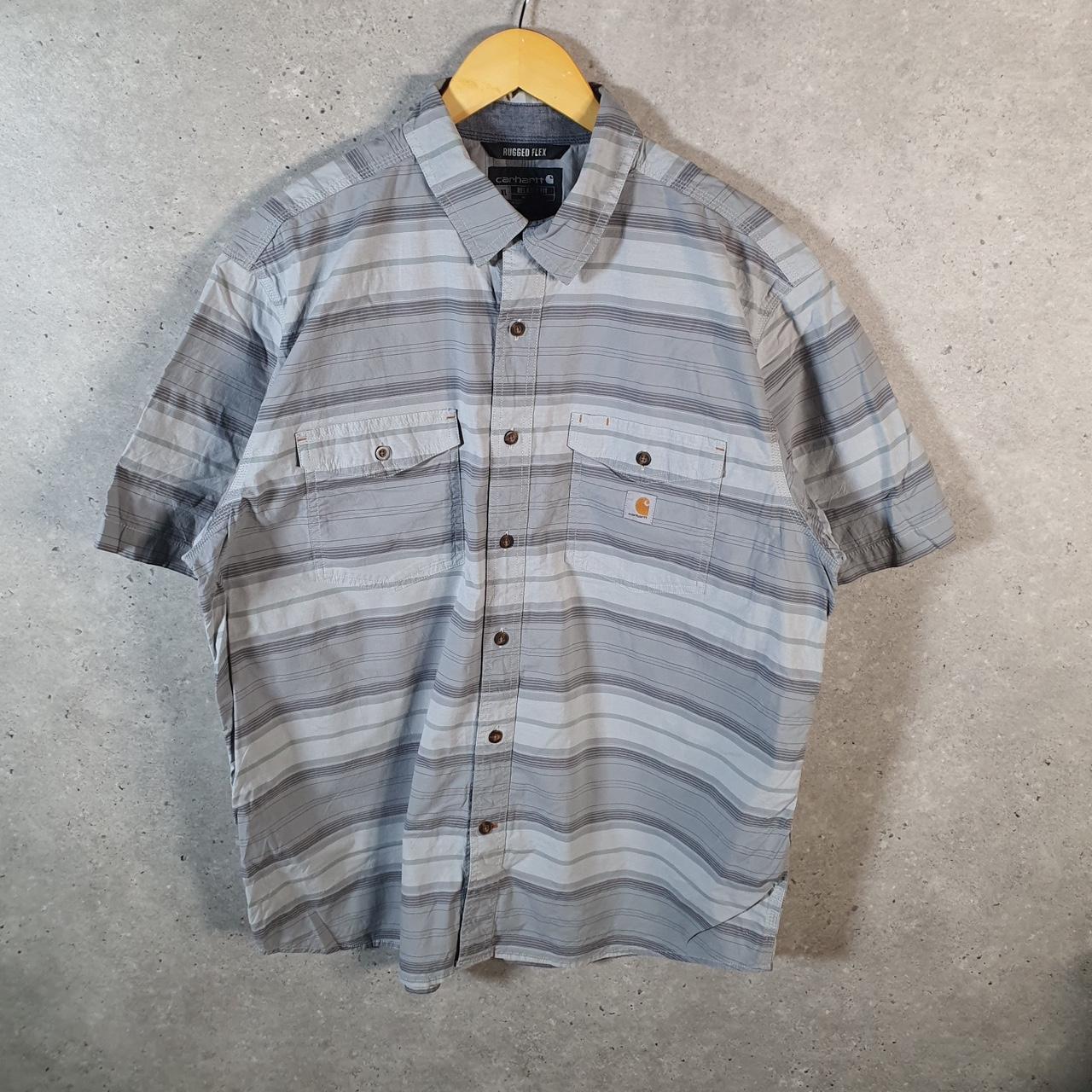 Vintage Carhartt Shirt Button Down Mens XL Grey Striped Short Sleeve Utility Relaxed Fit