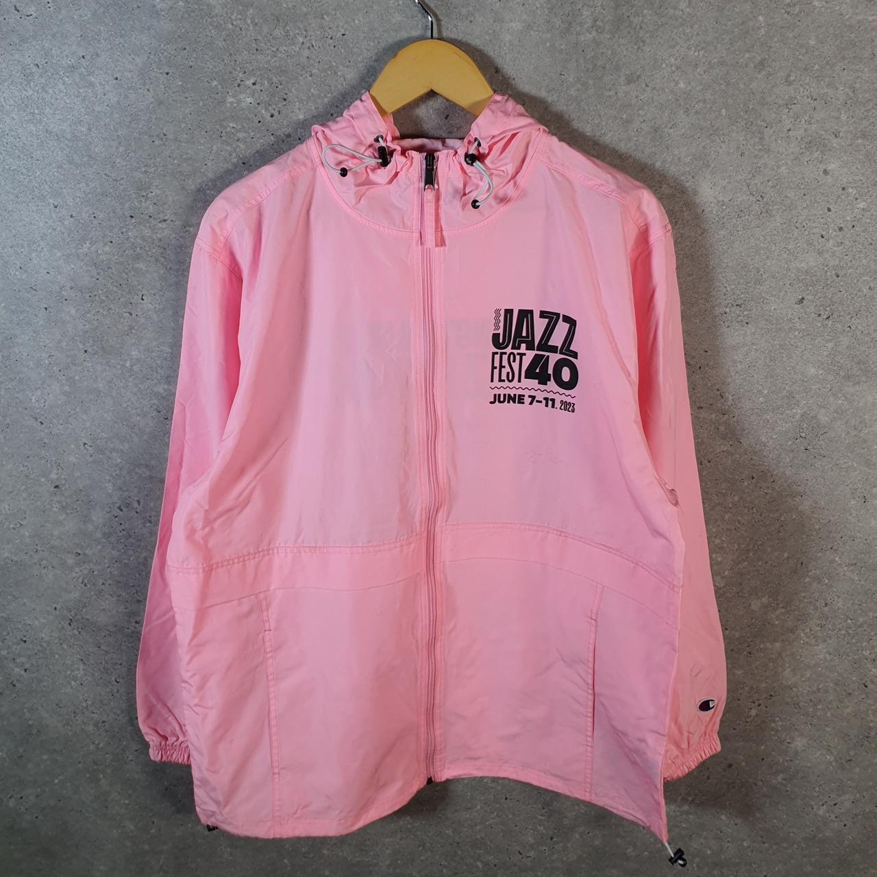 Vintage Champion Windbreaker Track Jacket Mens Large Pink Logo Full Zip Jazz