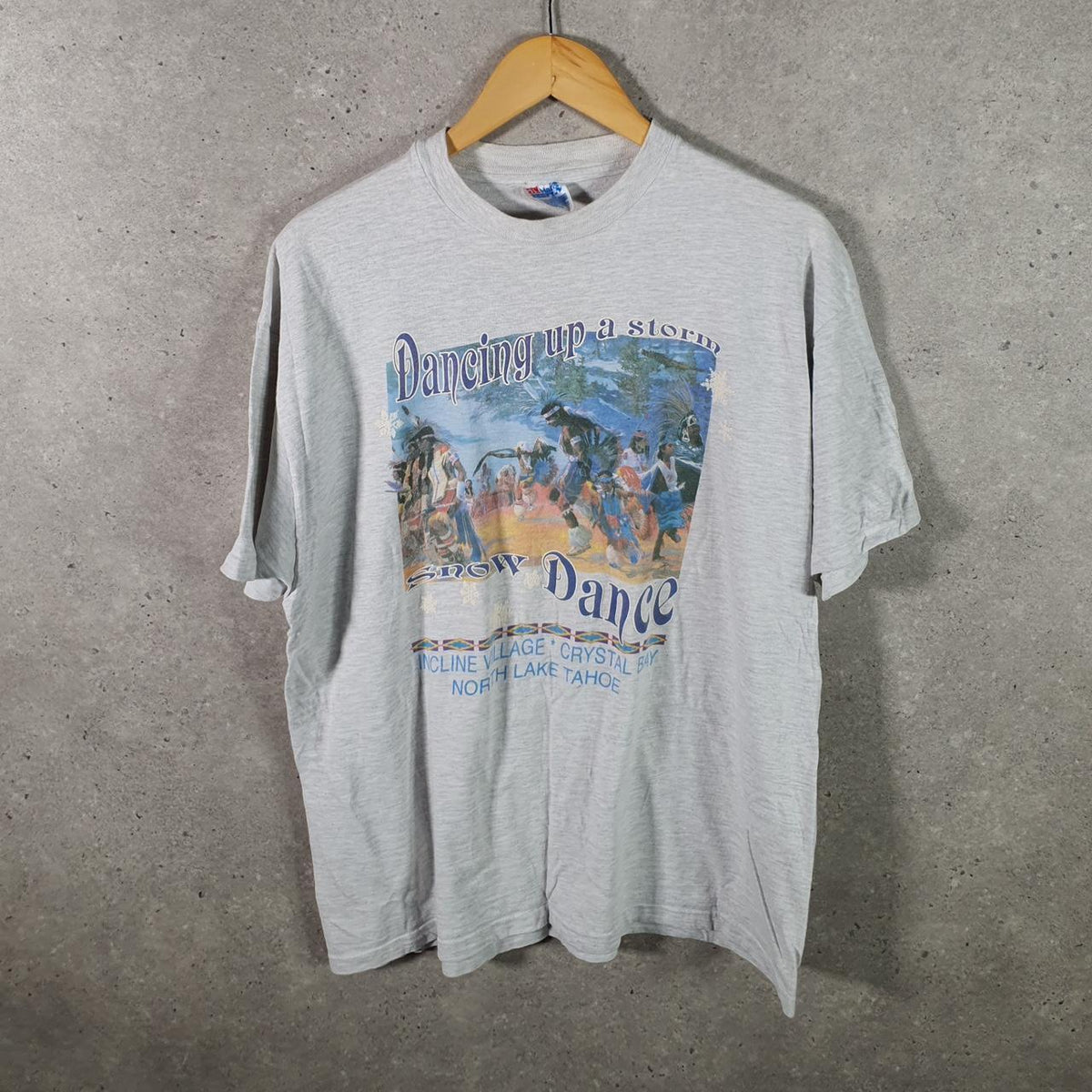 Vintage Hanes Beefy Lake Tahoe Snow Dance 90s USA Single Stitch T Shirt Men’s XL Grey Big Fish Vintage