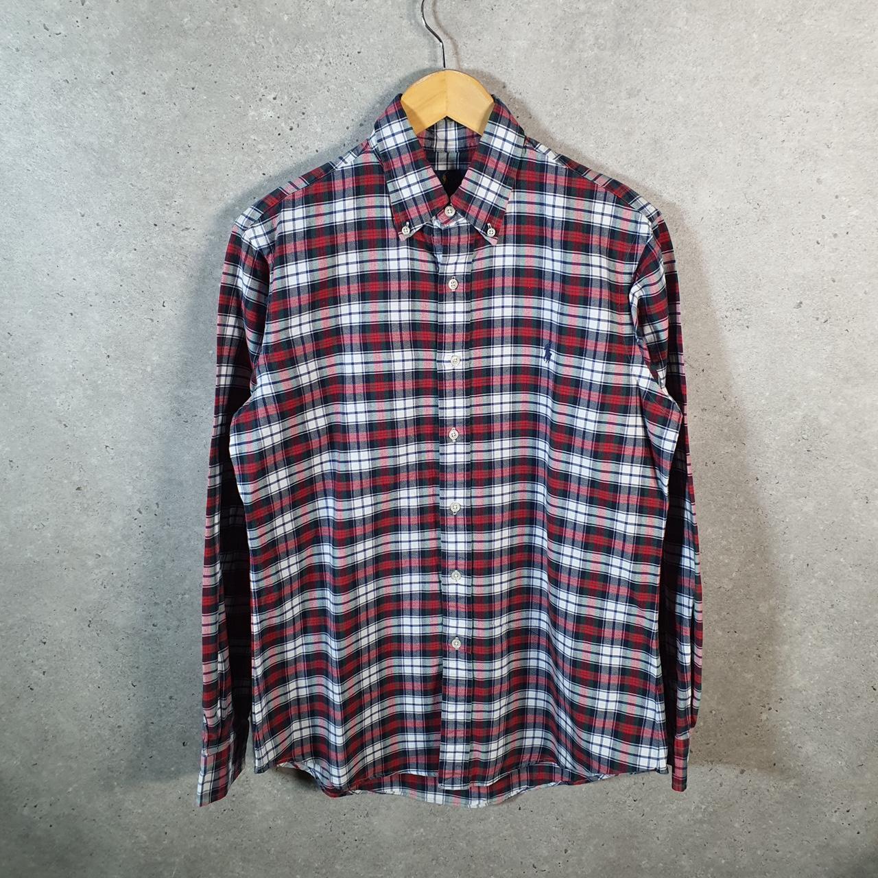 Vintage Ralph Lauren Button Down Shirt Men’s Medium Red Checkered Custom Fit Cotton Pony Big Fish Vintage
